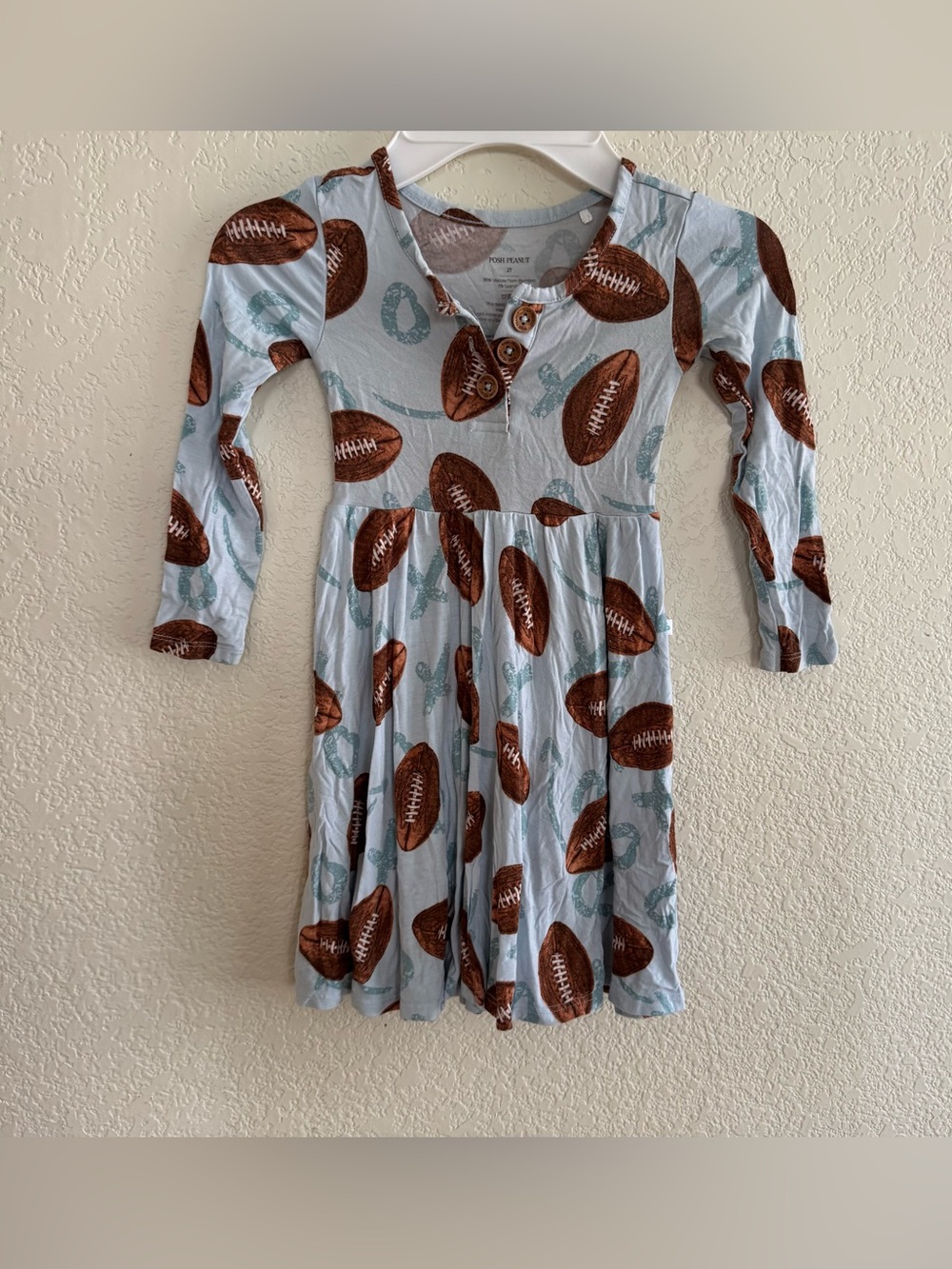 Posh Peanut Bamboo Light Blue Football Twirl Henley Dress Girls 2T